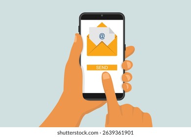 Hand touching smartphone with email symbol on screen. Concept of sending messages. Message sent on mobile phone. Smartphone with email social network in hand.