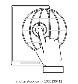 hand touching smartphone with global spehre symbol in black and white