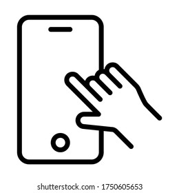 Hand touching smartphone. Line vector. Isolate on white background.