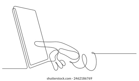 hand touching smartphone minimalism graphic one line continuous vector illustration.privacy authentication.