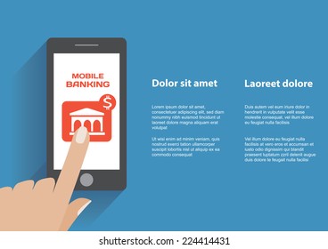 Hand touching smartphone with mobile banking icon on the screen. Using mobile smart phone similar to iphon, flat design concept. Eps 10 vector illustration