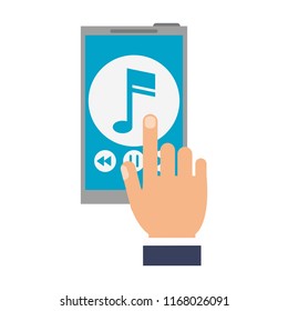 Hand touching smartphone with music