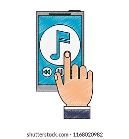 Hand touching smartphone with music scribble