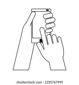 hand touching smartphone screen black and white