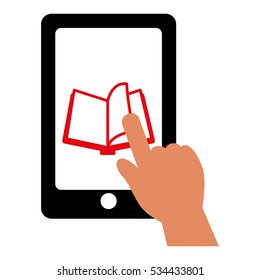hand touching a smartphone screen with ebook icon over white background. electronic book concept. vector illustration