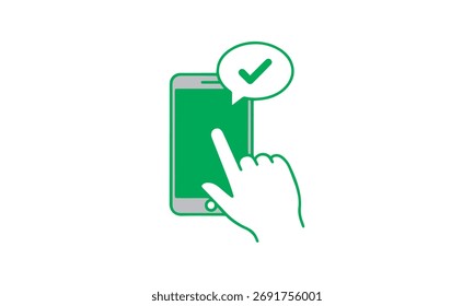 Mano que toca una pantalla del smartphone con una marca de verificación verde en una burbuja del discurso, aislada en diseño blanco del Vector del fondo