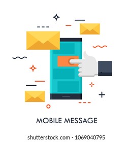 Hand Touching Smartphone Screen With New Message Notification In Text Messaging Application, Mobile Messenger Concept, Icon. Vector Illustration For Website, Banner, Electronic App Advertisement.