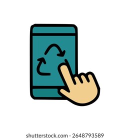Hand Touching Smartphone Screen with Recycling Symbol in Flat Cartoon Style and Bold Black Outline