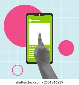 Hand touching smartphone screen with social media app interface mockup. Digital technology interaction concept. Vector pop art illustration.