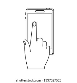 Hand touching smartphone screen symbol in black and white