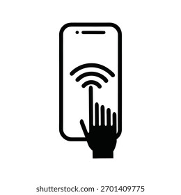 Hand touching smartphone screen with wifi symbol for mobile connection