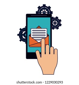 Hand touching smartphone to send email