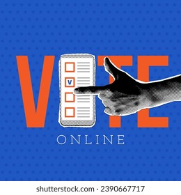 Hand touching smartphone with voting app on the screen. Typographic vote online banner template. Trendy vintage halftone collage design style illustration.