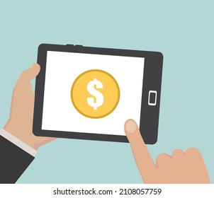 Comprimido táctil a mano con signo de dólar en la pantalla. Uso del concepto de diseño plano de tableta. ilustración vectorial