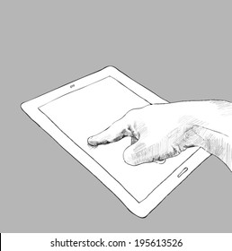Hand Touching A Tablet. Hand Drawn. 
