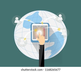 Hand touching tablet go to business network pass social around the world , growth money network concept. vector art and illustration.