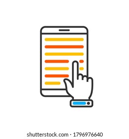 Hand touching tablet icon. Vector color icon.