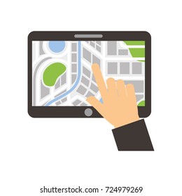 hand touching tablet pc with street map pointer mobile gps navigation app