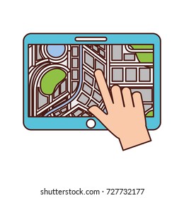 hand touching tablet pc with street map pointer mobile gps navigation app