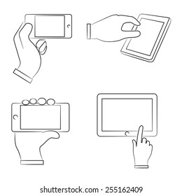 hand touching tablet, phone, sketch hand sign