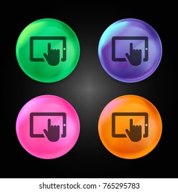 Hand touching tablet screen crystal ball design icon in green - blue - pink and orange.