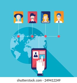 Hand touching tablet screen with web icons Social network and Communication concept