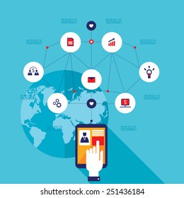 Hand touching tablet screen with web icons Social network Communication Business concept