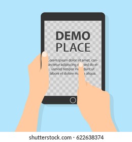 Hand touching transparent screen of tablet. Black tablet in hand with transparent background for your design - vector flat. Human hand holding tablet.  Using digital tablet pc.