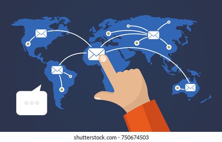 Hand touching virtual a icon of social network on the world map. 