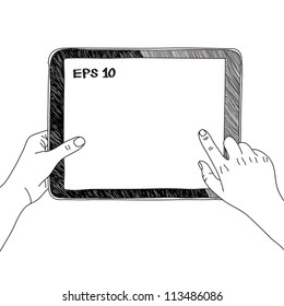 hand touching virtual screen a tablet sketch vector illustration