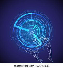 Hand touching virtual screen,vector illustration.Interface technology.For web site,application and infographic project.Business concept