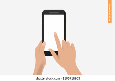 Hand touching white screen of phone vector. Hand holds the smartphone and finger touches screen. Modern Flat design illustration.