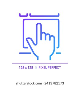 Hand with touchpad pixel perfect gradient linear vector icon. Finger touching controller surface. Digital technology. Thin line color symbol. Modern style pictogram. Vector isolated outline drawing