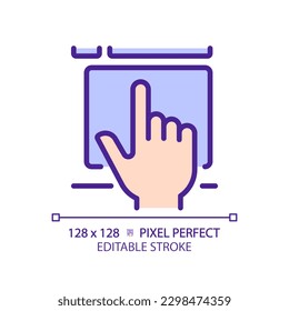 Hand with touchpad pixel perfect RGB color icon. Finger touching controller surface. Digital technology development. Isolated vector illustration. Simple filled line drawing. Editable stroke