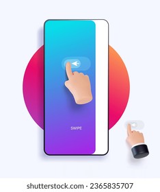 Hand touchscreen gesture. Vector 3d hand actions icon on touch screen like swipe, flip through. Touchscreen control. High quality business hand. Vector 3d illustration