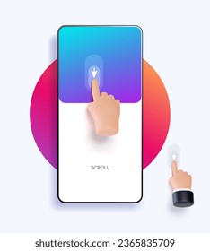 Hand touchscreen gesture. Vector 3d hand actions icon on touch screen like scroll down. Touchscreen control. High quality business hand. Vector 3d illustration