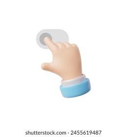 Hand touchscreen gesture vector 3d icon. 3D hand index finger swipe action on touch screen. Scroll, tap click and slide touch button. Touchscreen control, ui interface. Arm with blue sleeve