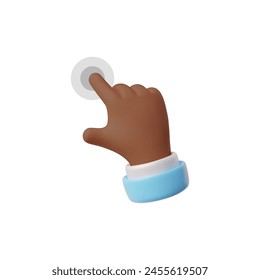 Hand touchscreen gesture vector render icon. 3D hand forefinger tap action on touch screen. Arm with blue sleeve press or click on screen button. Touchscreen control, ui interface