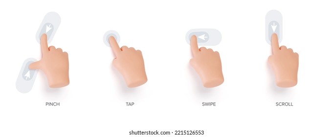 Hand touchscreen gestures. Vector 3d hands actions icons on touch screens like swipe, scroll, pinch, tap, zoom and slide touch. Vector 3d set
