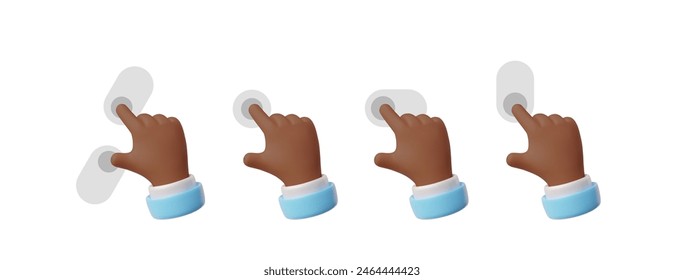 Hand touchscreen gestures vector 3d icons set. 3D hand forefinger and thumb actions on touch screen swipe, scroll, pinch, tap click, zoom and slide touch. Touchscreen control, ui interface