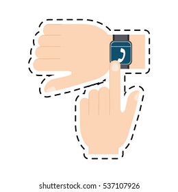 hand touchscreen smart watch wearable technology line vector illustration eps 10