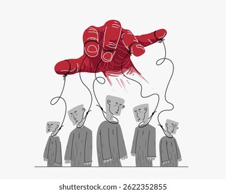 Hand of a toxic manipulator controls his victims, social zombies concept, social manipulations dictatorship and control, cultural code, vector illustration of psychological manipulation.