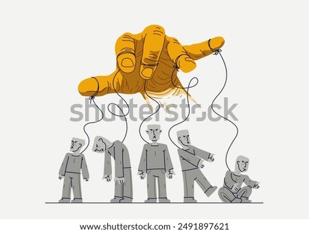 Hand of a toxic manipulator controls his victims, social zombies concept, social manipulations dictatorship and control, cultural code, vector illustration of psychological manipulation.