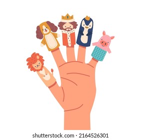 Hand Toys, Finger Puppets Lion, Dog, King, Penguin and Pig Characters for Baby Theatre Show. , Fairy Tale Story, Family Fun Party. Cute Little Finger Theater Game Puppets. Cartoon Vector Illustration