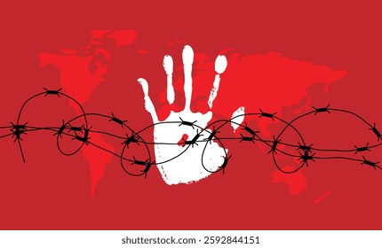 Hand Trace with World Map Human Trafficking. Labor and work employment crime, illegal activity vector art