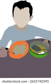 A hand traced vector of a young boy eating with a bowl of rice and carrot soup, isolated on white