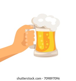 Hand with traditional glass of beer with white foam and bubbles vector isoated illustration. Light alchoholic beverage in transparent mug with handle