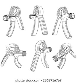 Hand Training Pliers. Fitness, cardio, and muscle building machines, equipments set at gym. Workout and training concept. Vector illustration.