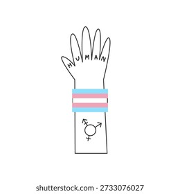 Hand with trans symbol and flag colors with heart shape. Transgender and genderqueer rights, nonbinary visibility and awareness concept. Inclusion and diversity illustration.
