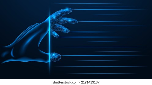 Hand is transformed into a digital copy. Entrance to the virtual world. Polygonal design. Blue background.